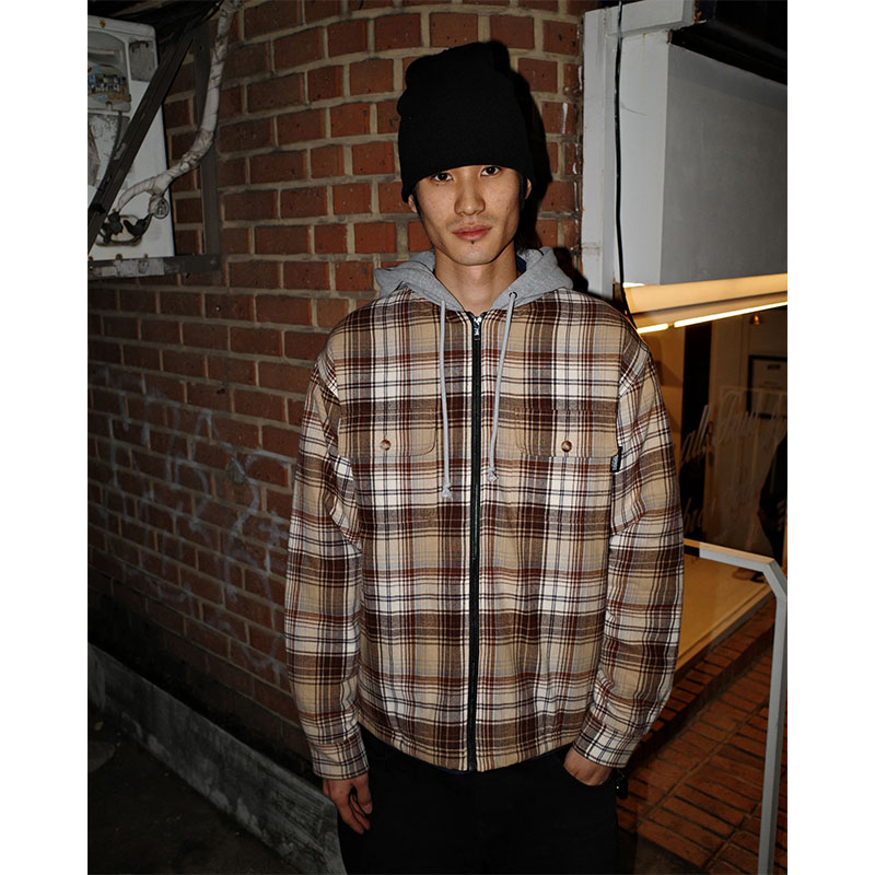 LABROS(ラブロス)/ HOODED ZIP PLAID SHIRT JACKET -BROWN-